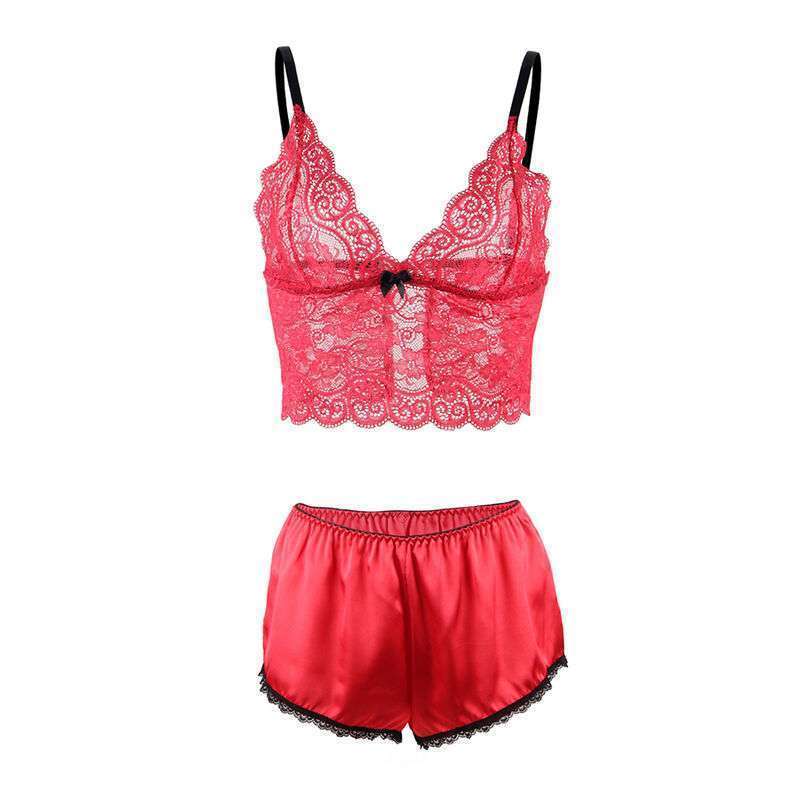 SUBBLIME – 953904 CHEMISIER DE NUIT EN SOIE ET DENTELLE + CULOTTE ROUGE L/XL