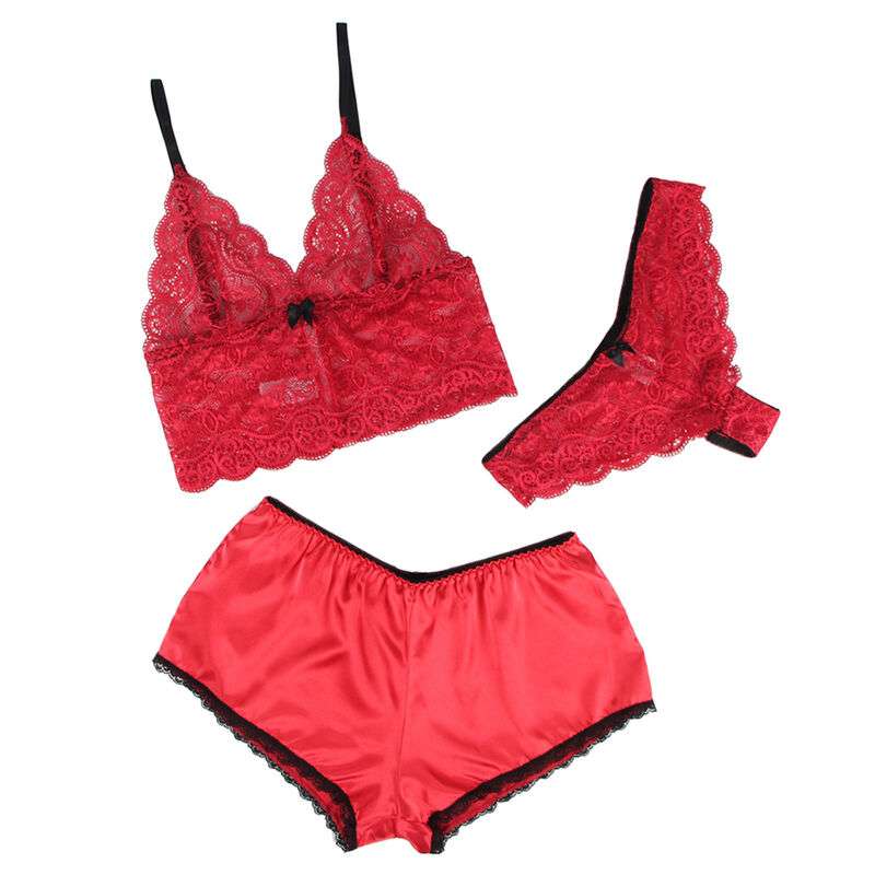 SUBBLIME – 953904 CHEMISIER DE NUIT EN SOIE ET DENTELLE + CULOTTE ROUGE L/XL