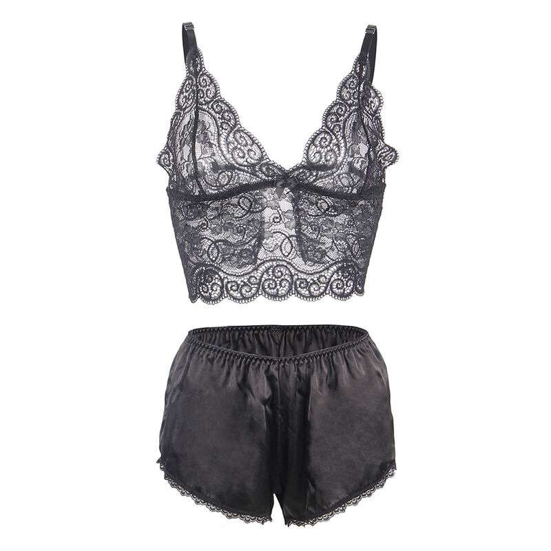 SUBBLIME – 953928 CHEMISIER DE NUIT EN SOIE ET DENTELLE + CULOTTE NOIRE L/XL