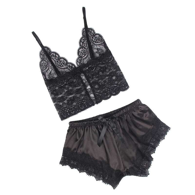 SUBBLIME – 953942 CHEMISE DE NUIT DÉCONTRACTÉE EN SOIE + PANTALON EN DENTELLE NOIR L/XL
