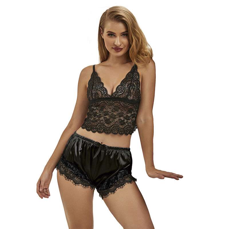 SUBBLIME – 953942 CHEMISE DE NUIT DÉCONTRACTÉE EN SOIE + PANTALON EN DENTELLE NOIR L/XL