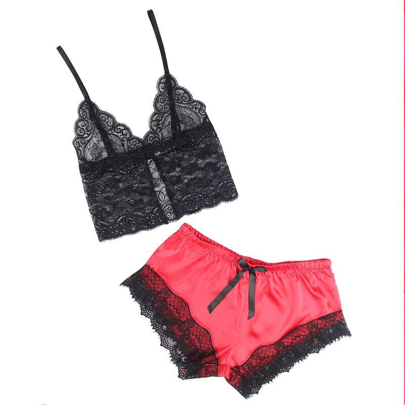 SUBBLIME – 953959 CHEMISE DE NUIT DÉCONTRACTÉE EN SOIE + PANTALON EN DENTELLE NOIR/ROUGE S/M