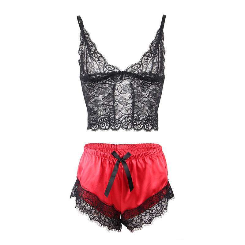 SUBBLIME – 953959 CHEMISE DE NUIT DÉCONTRACTÉE EN SOIE + PANTALON EN DENTELLE NOIR/ROUGE S/M