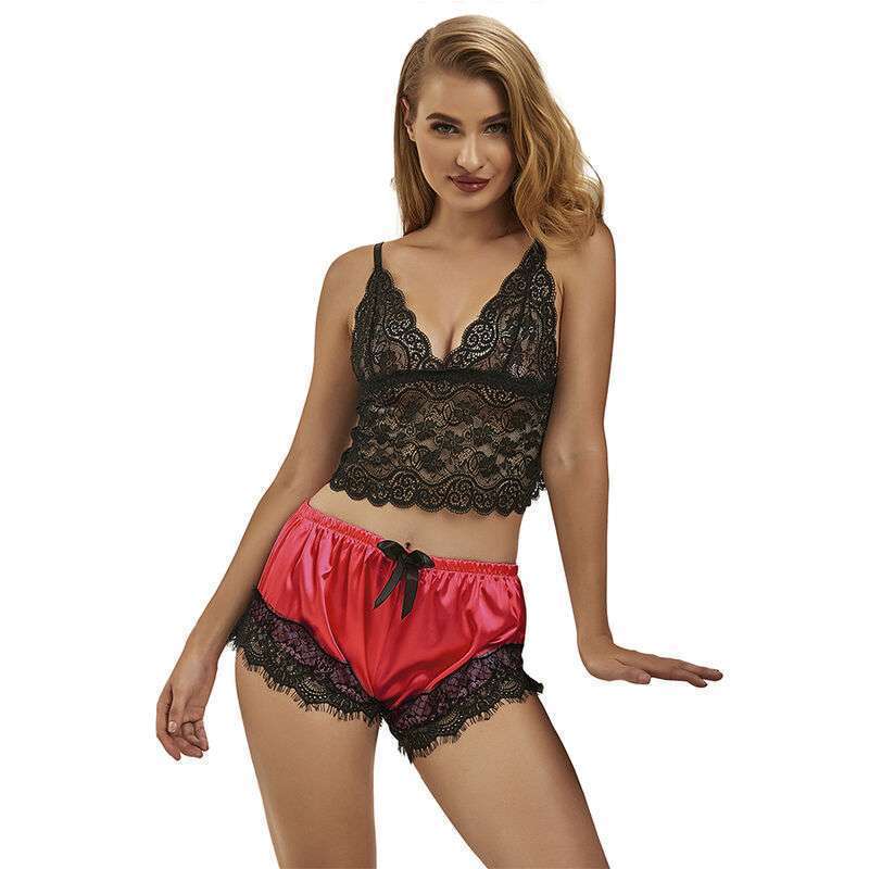 SUBBLIME – 953966 CHEMISE DE NUIT DÉCONTRACTÉE EN SOIE + PANTALON EN DENTELLE NOIR/ROUGE L/XL