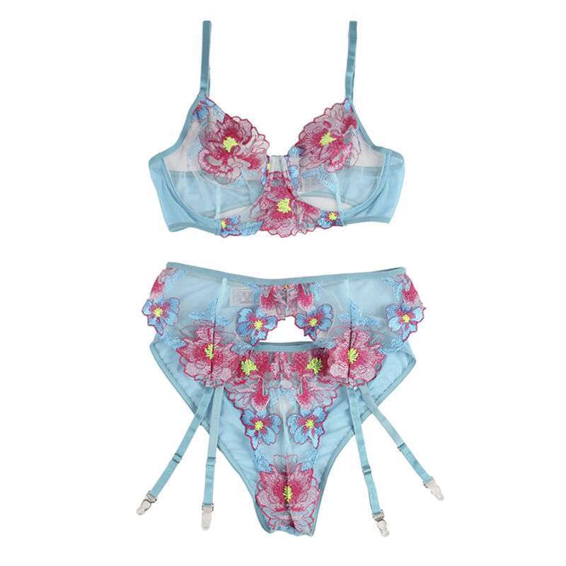 SUBBLIME – 954109 SOUTIEN-GORGE + CULOTTE AVEC PORTE-JARRETELLES MOTIF FLORAL BLEU S/M