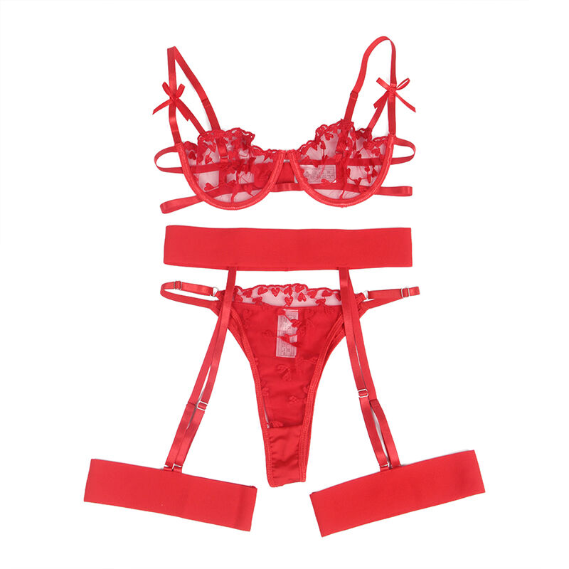 SUBBLIME – 954338 SOUTIEN-GORGE + STRING + PORTE-JARRETELLES IMPRIMÉ COEUR ROUGE L/XL