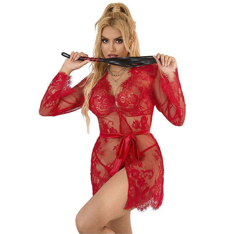 SUBBLIME – 953775 CHEMISIER DE NUIT DENTELLE + STRING ROUGE S/M