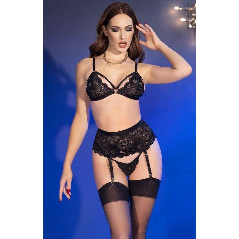 CHILIROSE – CR 4728 ENSEMBLE SOUTIEN-GORGE + STRING + BAS NOIR L