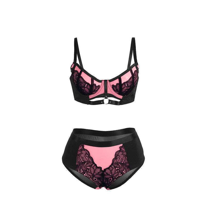 SUBBLIME – 955588 ENSEMBLE SOUTIEN-GORGE EN CUIR VERNI ROSE AVEC FERMETURE ÉCLAIR L/XL