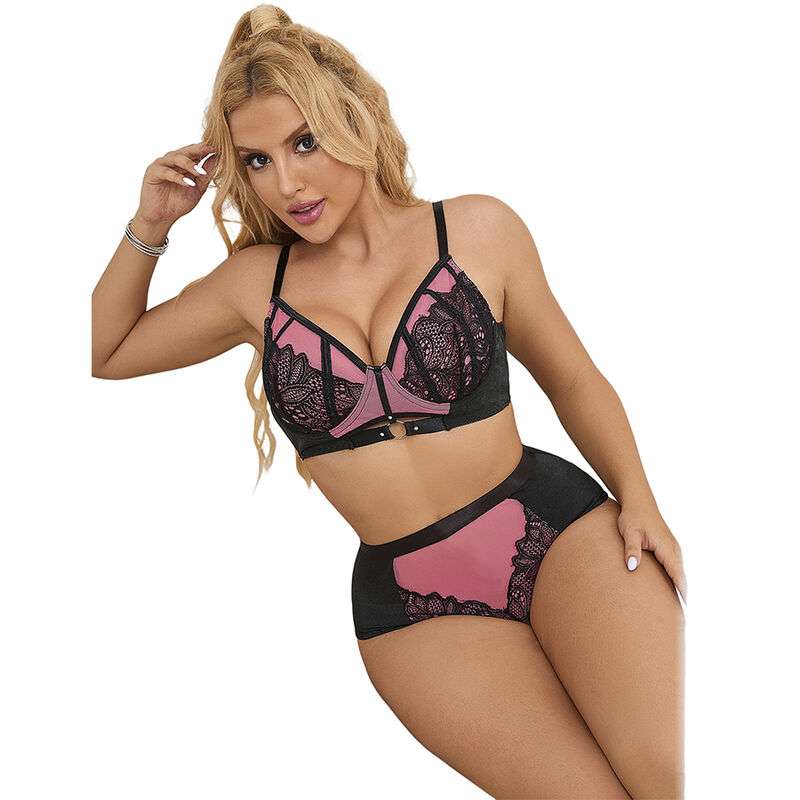 SUBBLIME – 955588 ENSEMBLE SOUTIEN-GORGE EN CUIR VERNI ROSE AVEC FERMETURE ÉCLAIR L/XL
