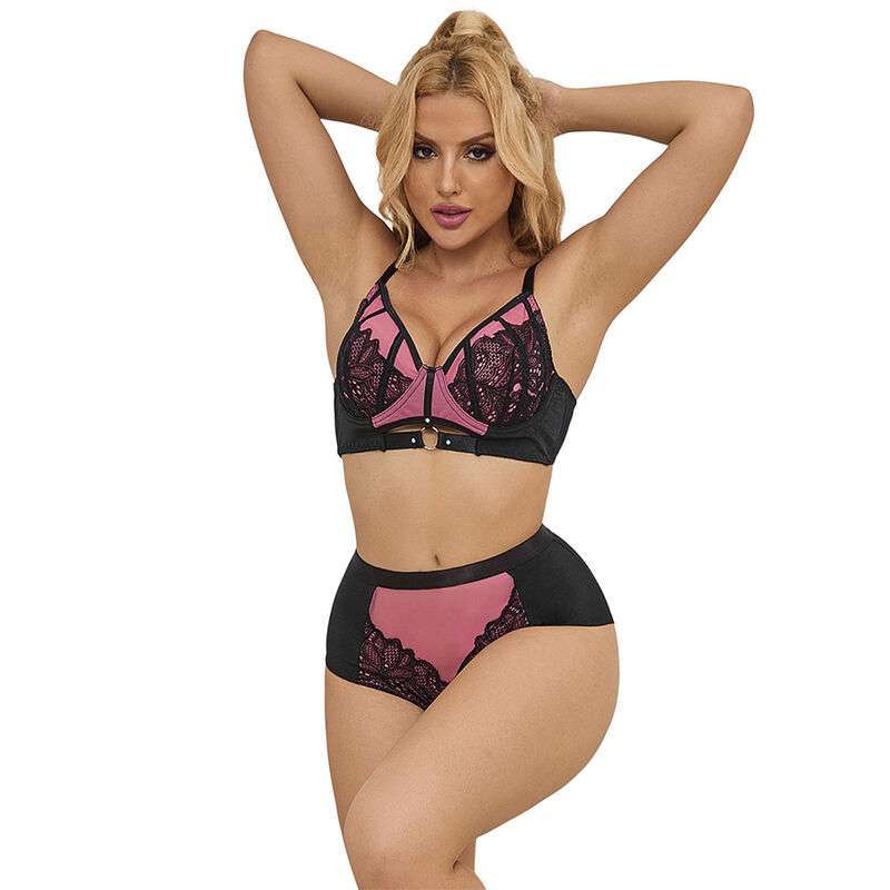 SUBBLIME – 955588 ENSEMBLE SOUTIEN-GORGE EN CUIR VERNI ROSE AVEC FERMETURE ÉCLAIR L/XL