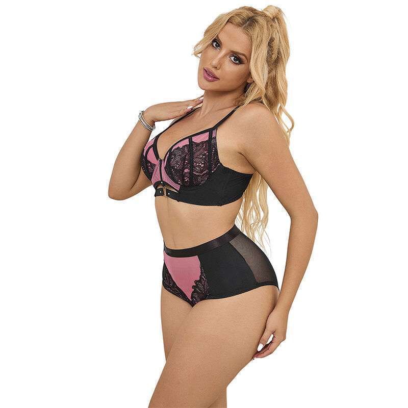 SUBBLIME – 955588 ENSEMBLE SOUTIEN-GORGE EN CUIR VERNI ROSE AVEC FERMETURE ÉCLAIR L/XL