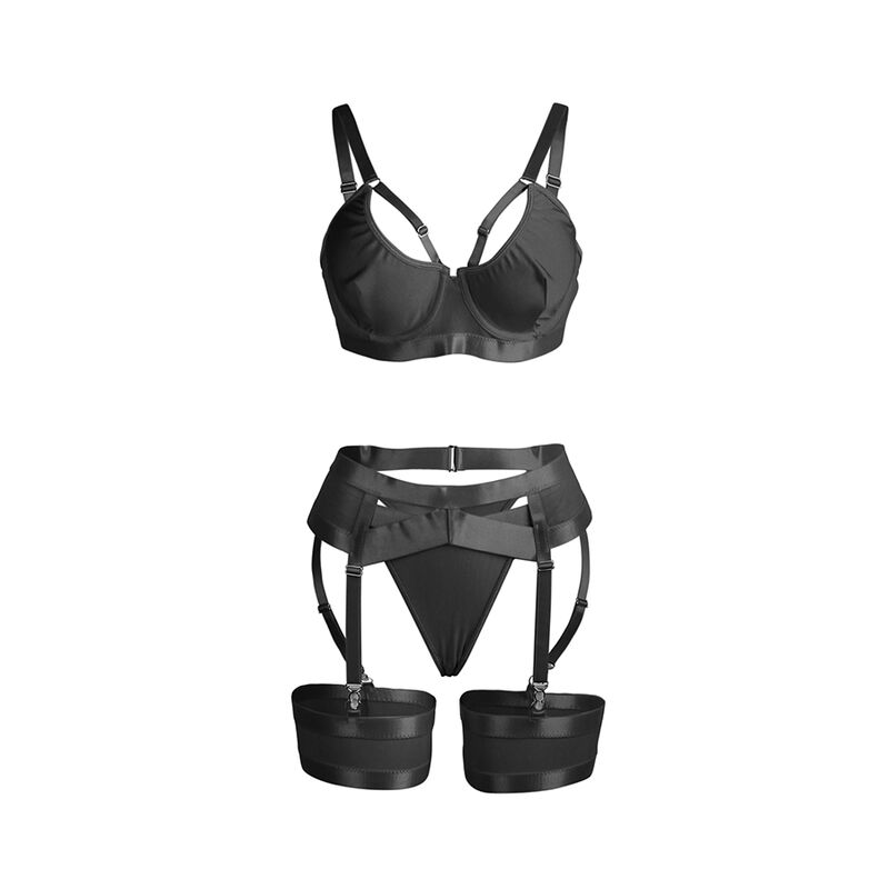 SUBBLIME – 955236 ENSEMBLE SOUTIEN-GORGE BONDAGE NOIR AVEC JARRETELLE S/M