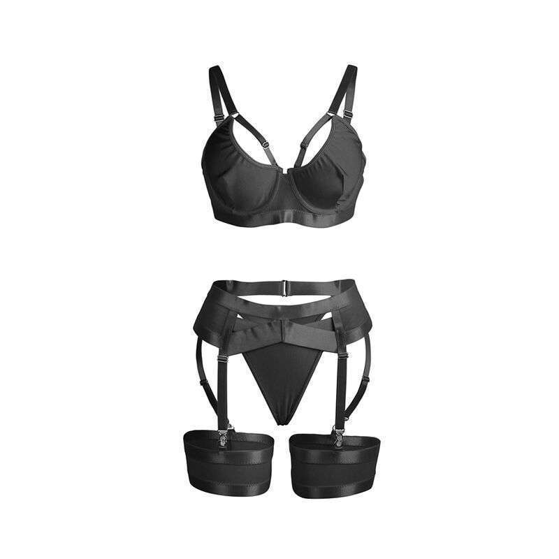 SUBBLIME – 955243 ENSEMBLE SOUTIEN-GORGE BONDAGE NOIR AVEC JARRETELLE L/XL