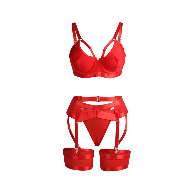 SUBBLIME – 955267 ENSEMBLE SOUTIEN-GORGE BONDAGE ROUGE AVEC JARRETELLE L/XL