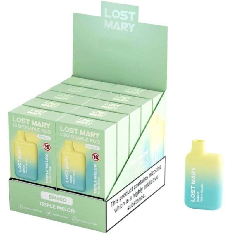 LOST MARY – (PACK PROFESSIONNEL EXPOSANT -10 UNITÉS) BM600 NICOTINE VAPER 2% JETABLE TRIPLE MELON