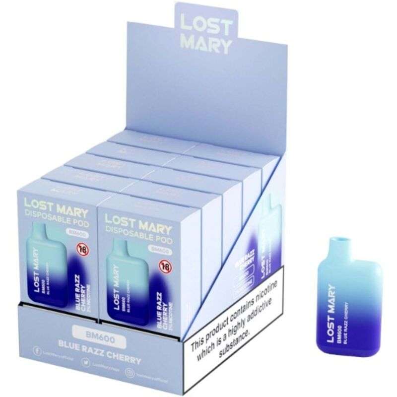LOST MARY – (PACK PROFESSIONNEL EXPOSANT -10 UNITÉS) BM600 NICOTINE VAPER 2% JETABLE BLUE RAZZ CHERRY