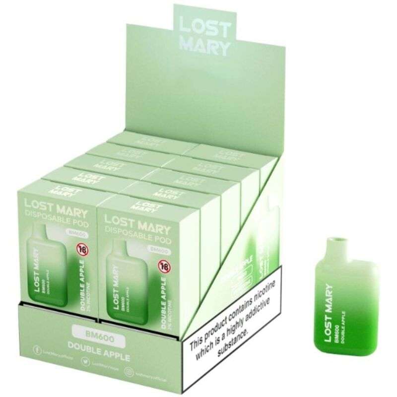 LOST MARY – (PACK PROFESSIONNEL EXPOSANT -10 UNITÉS) BM600 NICOTINE VAPER 2% JETABLE DOUBLE POMME