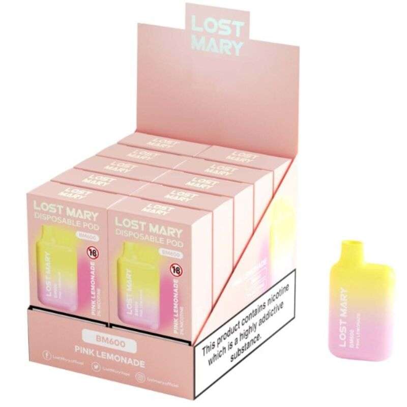 LOST MARY – (PACK PROFESSIONNEL EXPOSANT -10 UNITÉS) BM600 NICOTINE VAPER 2% JETABLE LIMONADE ROSE