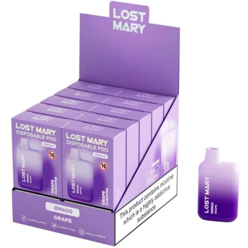 LOST MARY – (PACK PROFESSIONNEL EXPOSANT -10 UNITÉS) BM600 NICOTINE VAPER 2% JETABLE RAISIN