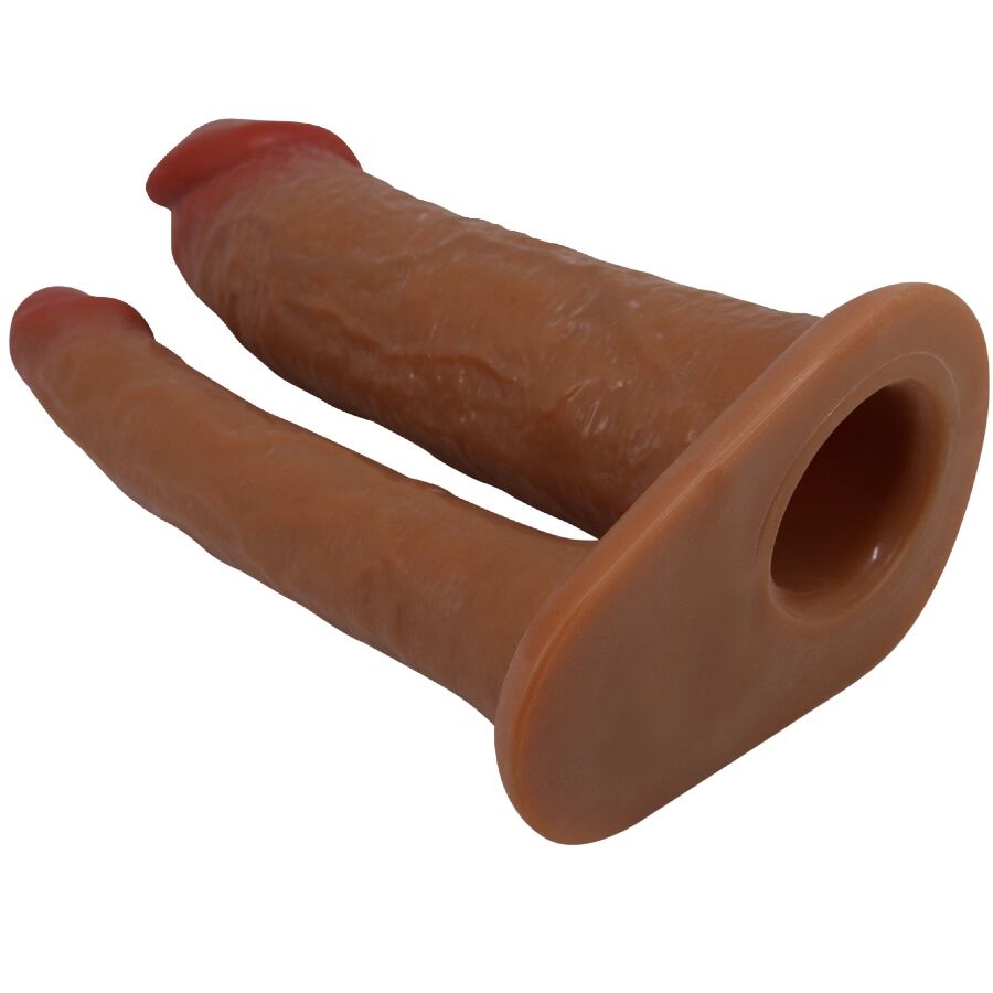PRETTY LOVE – MANCHON DOUBLE PÉNIS YAIRON AVEC EXTENSION DE 4 CM MULÂTRE