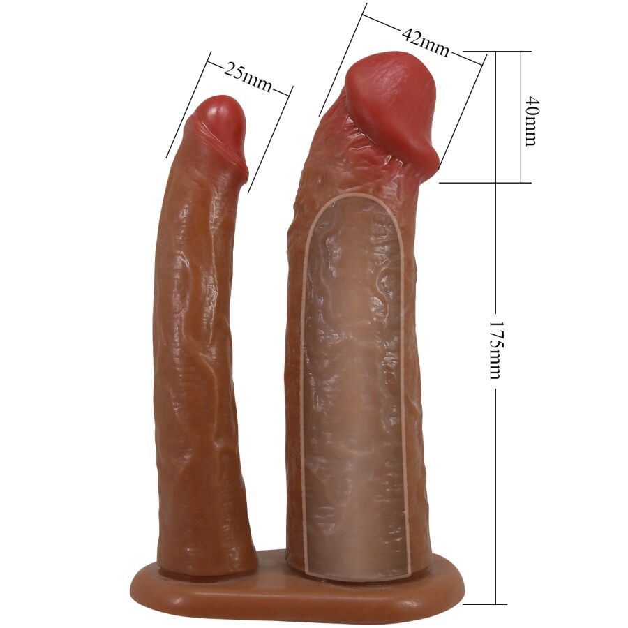 PRETTY LOVE – MANCHON DOUBLE PÉNIS YAIRON AVEC EXTENSION DE 4 CM MULÂTRE