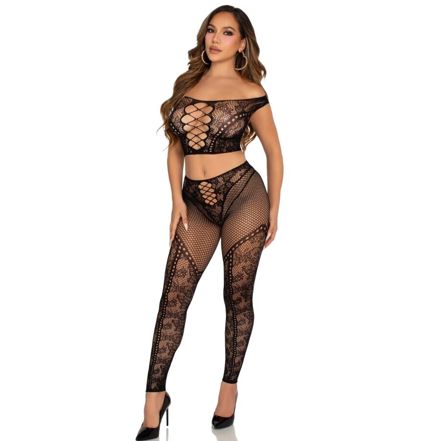 LEG AVENUE – CROP TOP ET LEGGING RÉSILLE ÉPAULES DÉNUDÉES NOIR