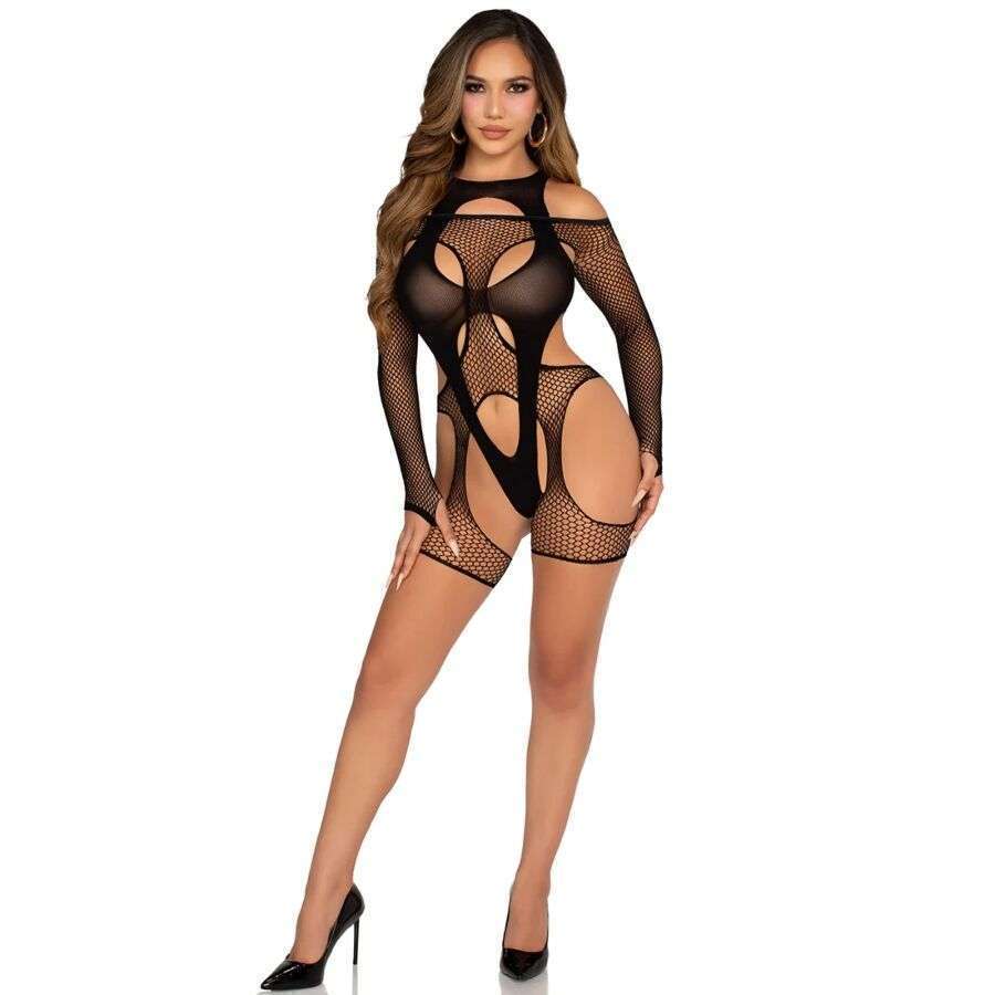 LEG AVENUE – BODYSTOCKING RÉSILLE AVEC PORTE-JARRETELLES ET HARNAIS NOIR