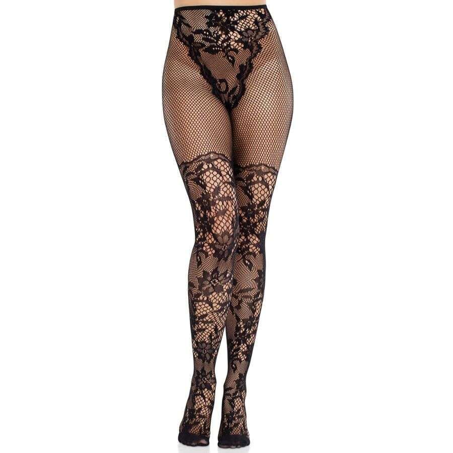 LEG AVENUE – BAS EN DENTELLE DAHLIA AVEC DÉTAIL EN FILET NOIR