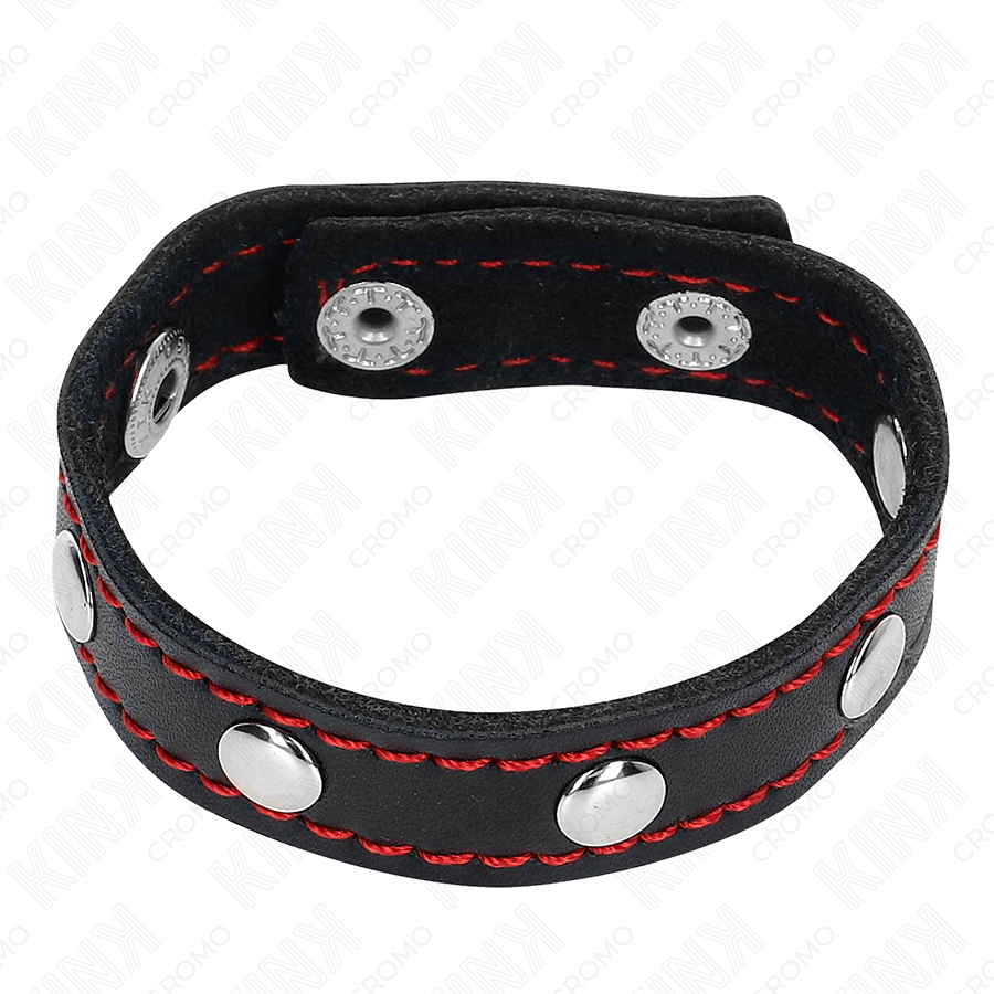 KINK – ANNEAU PÉNIS EN CUIR AVEC FERMETURE À PRESSION DOUBLURE ROUGE 21 X 1,5 CM