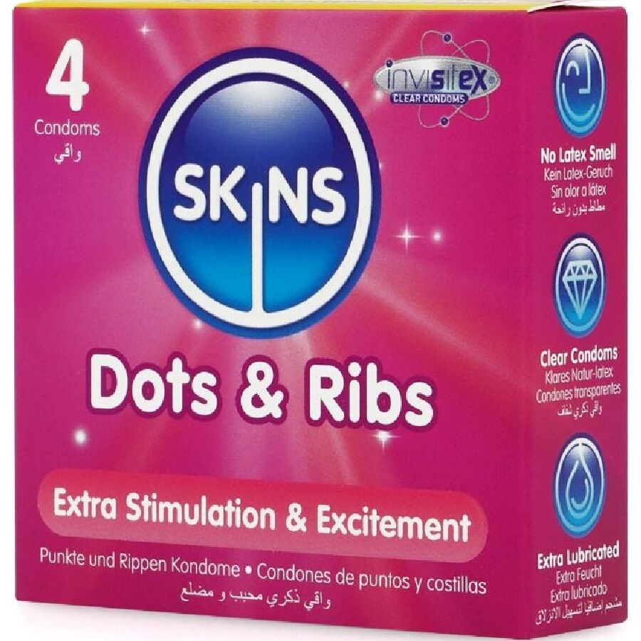 SKINS – PACK DE 4 PRÉSERVATIFS PREMIUM DOTS  RIBS