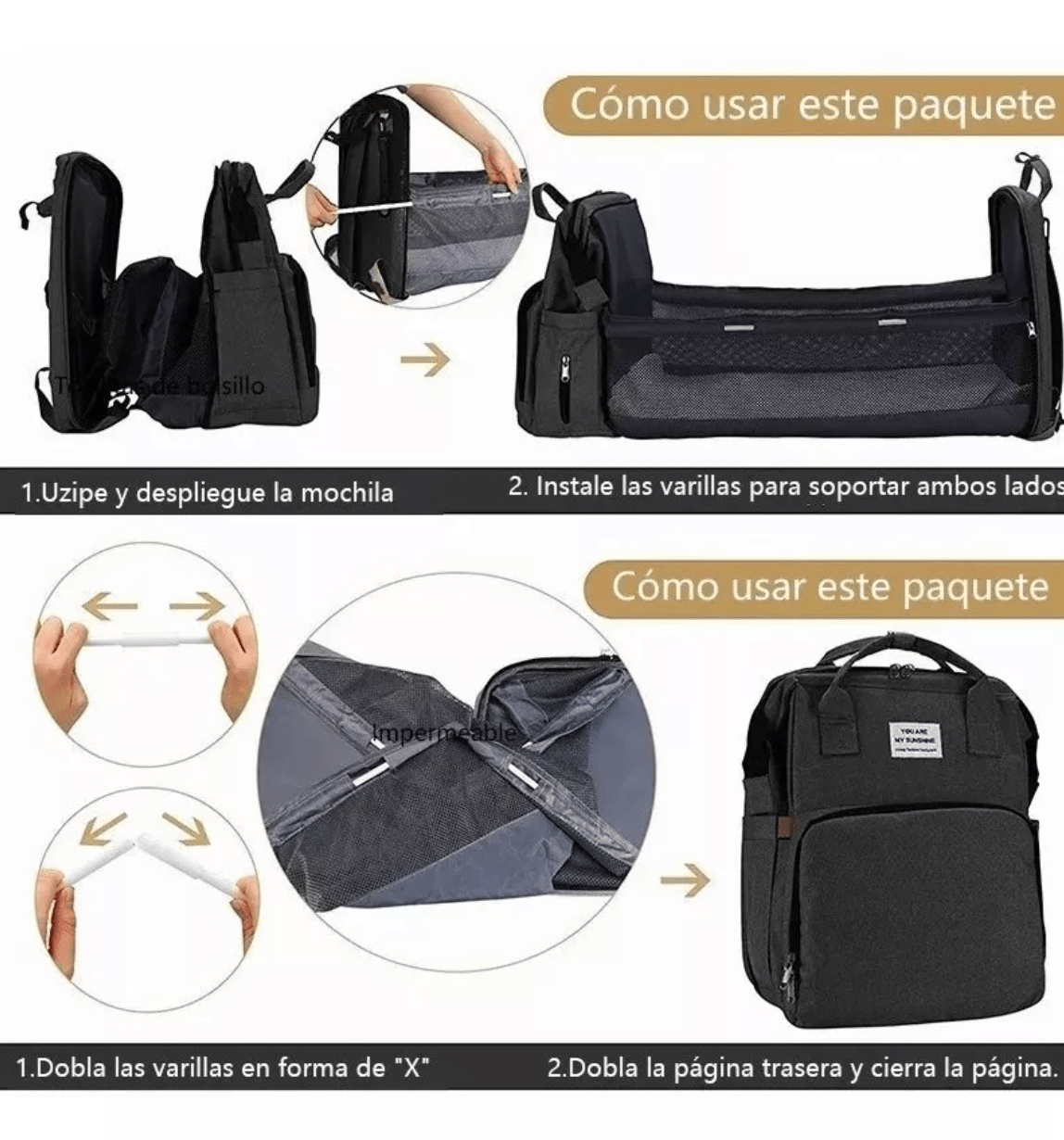 Mochila Pañalera 3 en 1 USB Negro