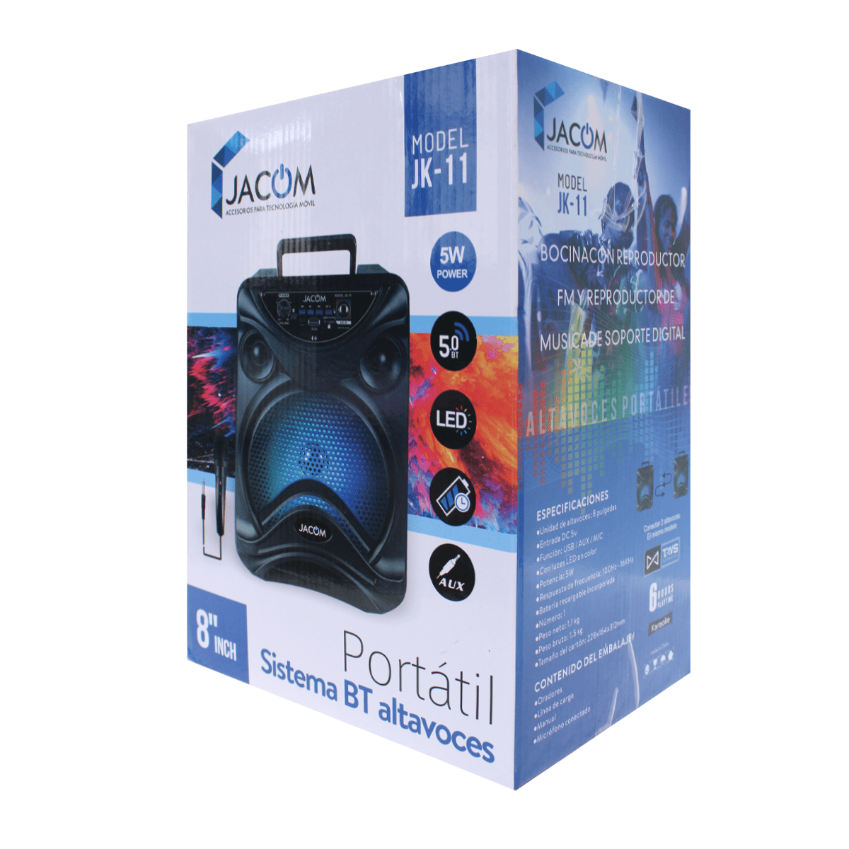 BOCINA BT 8″ DUA RGB SD AUX FM JK11