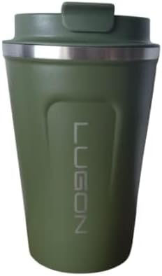 Lugon Taza de café de acero inoxidable de doble pared aislada al vacío de 12 onzas con tapa a prueba de derrames, taza de viaje para el trabajo,