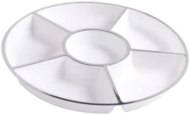 HomeyGear – Bandeja redonda de plástico de 6 secciones, color blanco y plateado, paquete de 3, 6 secciones, color blanco con borde plateado, paquete