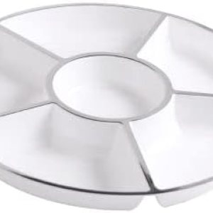 HomeyGear – Bandeja redonda de plástico de 6 secciones, color blanco y plateado, paquete de 3, 6 secciones, color blanco con borde plateado, paquete HomeyGear – Bandeja redonda de plástico de 6 secciones, color blanco y plateado, paquete de 3, 6 secciones, color blanco con borde plateado, paquete