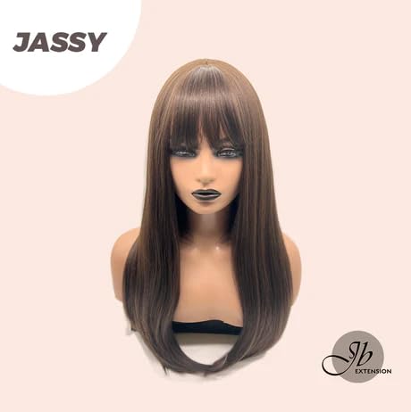 JASSY – Peluca de cabello largo natural liso marrón con flequillo completo, para usar y llevar, sin pegamento, pelucas sintéticas naturales para uso