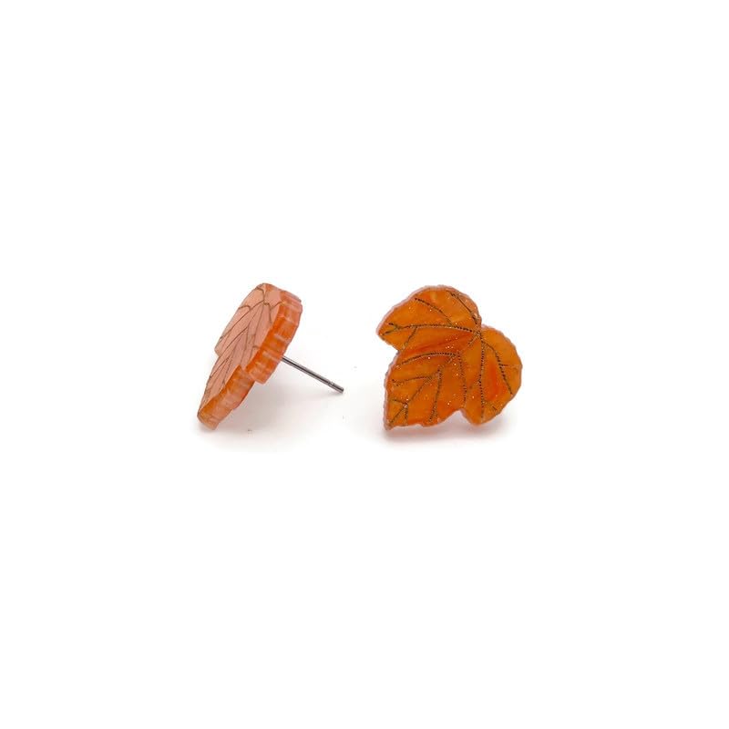 Orange Marble Maple Leaf Stud Earrings, Fall nature-inspired leaf acrylic jewelry