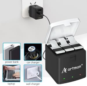 Artman Hero 12 – Batería de 3 unidades de 1800 mAh y cargador de 3 canales compatible con cámara GoPro Enduro Hero 12 BlackHero 11 BlackHero 10