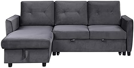 Bowery Hill Sofá cama reversibleseccional de terciopelo gris oscuro con diván de almacenamiento
