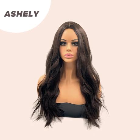 ASHELY – Peluca rizada de color marrón oscuro, pelucas sin pegamento para mujer, pelucas de cabello largo sintético natural para uso diario (pelucas
