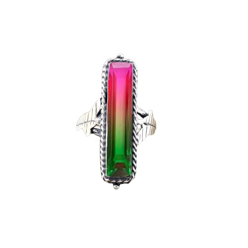 Watermelon Tourmaline Gemstone Ring 925 Sterling Silver Multicolor Stone Ring Handmade Long Rectangle Bar Ring For Women Elegant Tourmaline Jewelry