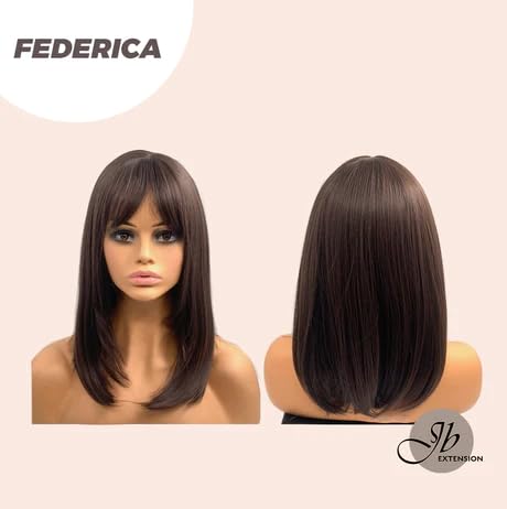 FEDERICA – Peluca lacia marrón con flequillo completo, pelucas sin pegamento para mujer, pelucas de cabello largo sintético natural para uso diario