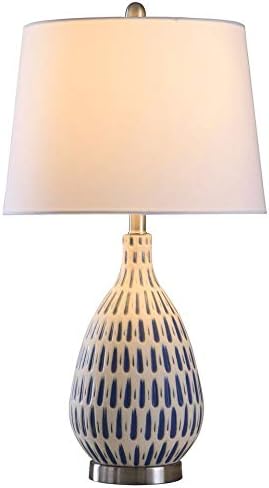 Marissa – Lámpara de mesa, color blanco, acabado azul, pantalla cónica blanca