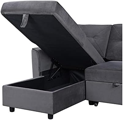 Bowery Hill Sofá cama reversibleseccional de terciopelo gris oscuro con diván de almacenamiento