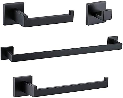 Juego de 4 piezas de accesorios de baño de color negro mate cuadrado de acero inoxidable SUS304 montado en la pared, incluye toallero de 24