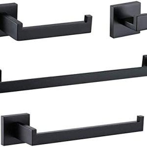 Juego de 4 piezas de accesorios de baño de color negro mate cuadrado de acero inoxidable SUS304 montado en la pared, incluye toallero de 24 Juego de 4 piezas de accesorios de baño de color negro mate cuadrado de acero inoxidable SUS304 montado en la pared, incluye toallero de 24
