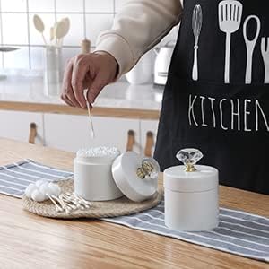 ONTUBE Organizador de hisopos de algodón de porcelana con tapa de cristal y fácil de limpiar, color blanco (tapa plateada, juego de 1)