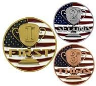 Decade Awards Medalla patriótica del primer lugar, 2.75 pulgadas de ancho, medallón de podio con estrellas y rayas con cinta de cuello en V de la