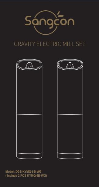 Sangcon Gravity – Molinillo eléctrico de sal y pimienta con interruptor de seguridad, funciona con pilas con luz LED, grosor ajustable, accesorios
